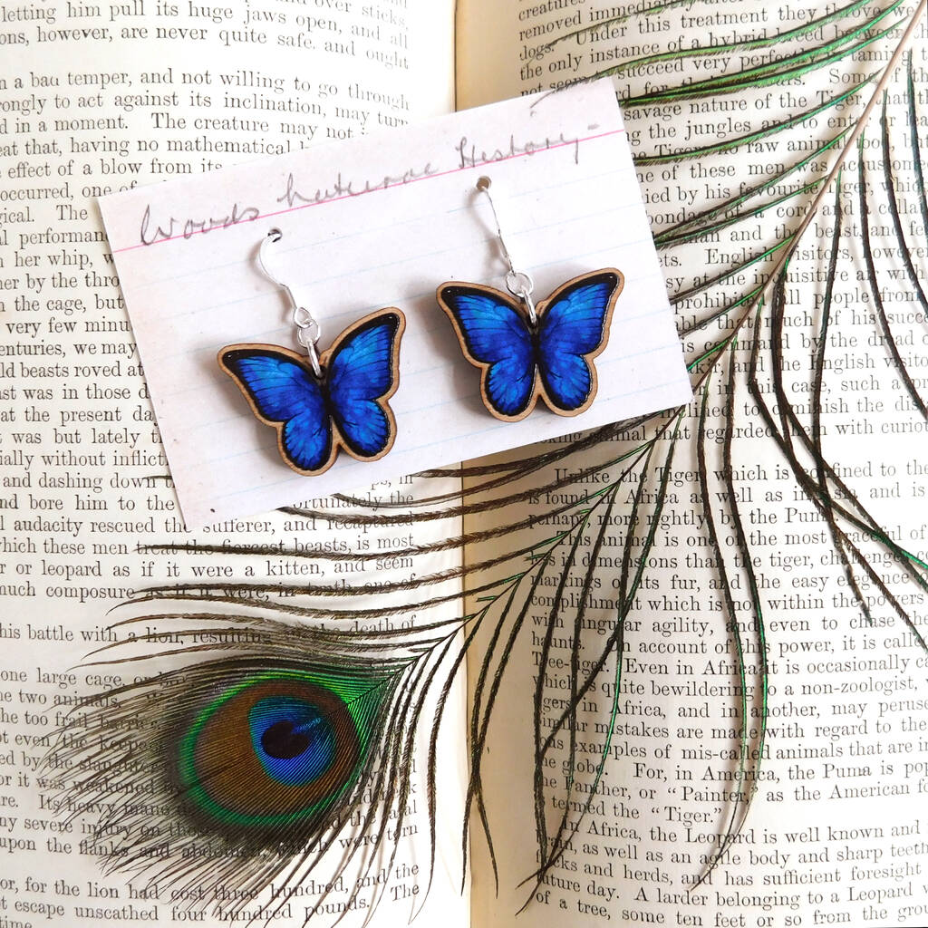 Blue Morpho Butterfly Wooden Earrings