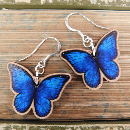 Blue Morpho Butterfly Wooden Earrings